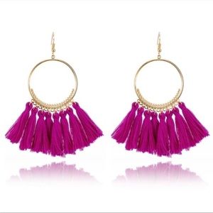 🌸3/$25 🆕 Boho Festival Gold Hoop Bright Purple Tassel Fringe Dangle Earrings